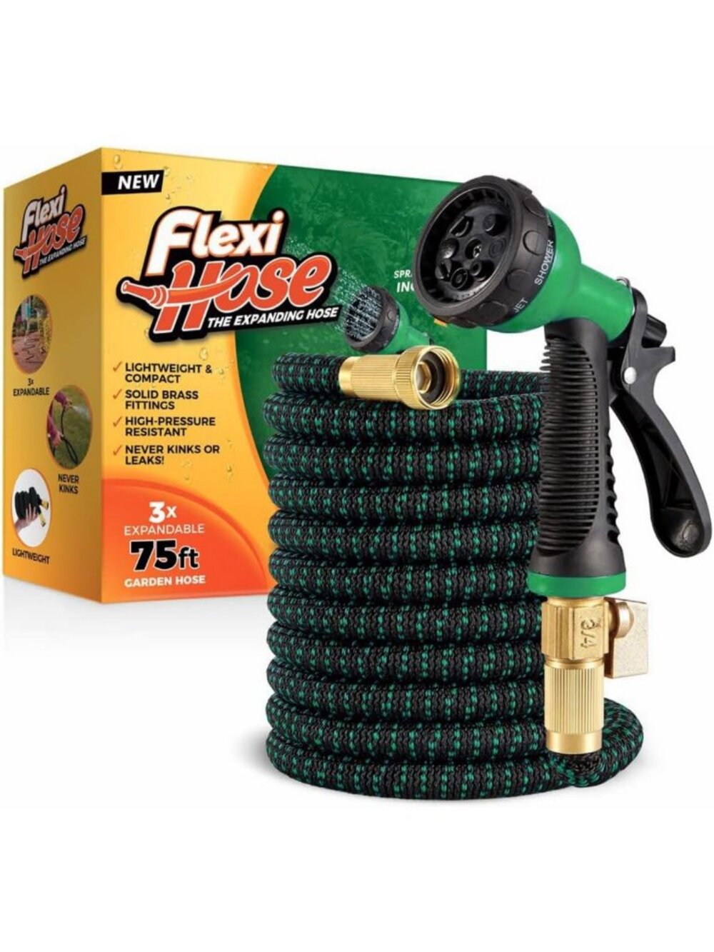 Expandable 75FT Garden Hose with 8 Function Nozzle, No-Kink, Lightweight